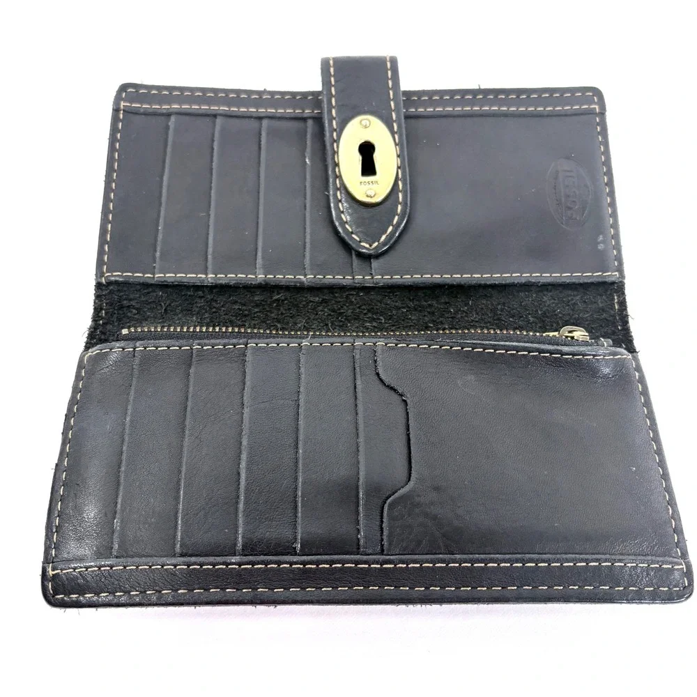 Fossil Wallet Clutch‎ Black White Arrow Print Leather Turnlock Bifold